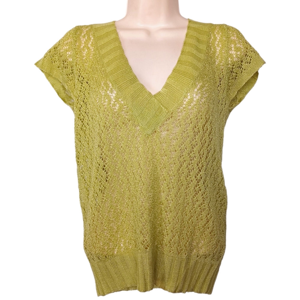Light Green Thin Crochet Knit V Neck Short Sleeve Stretchy Top Medium